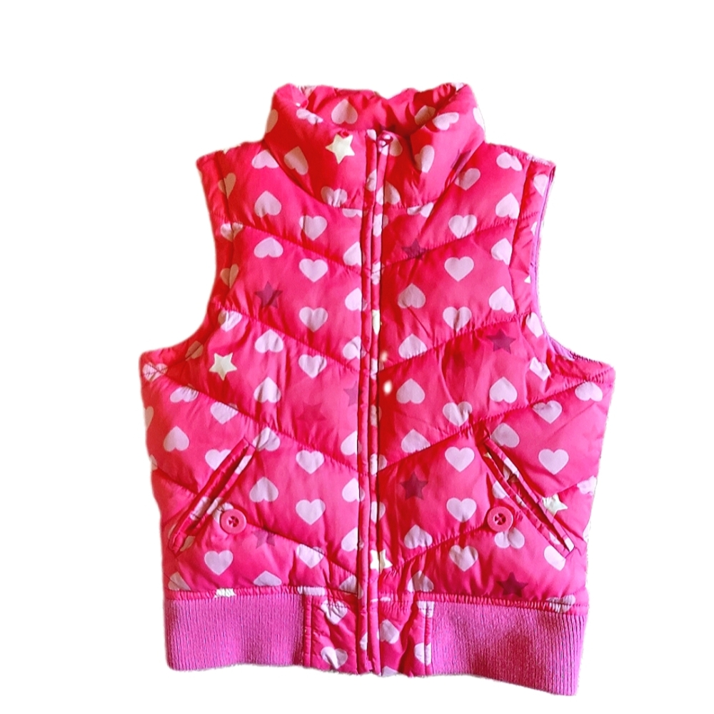 GAP Kids Pink and White Hearts Puffer Vest Coat, Chevron Stitch, Size 8,